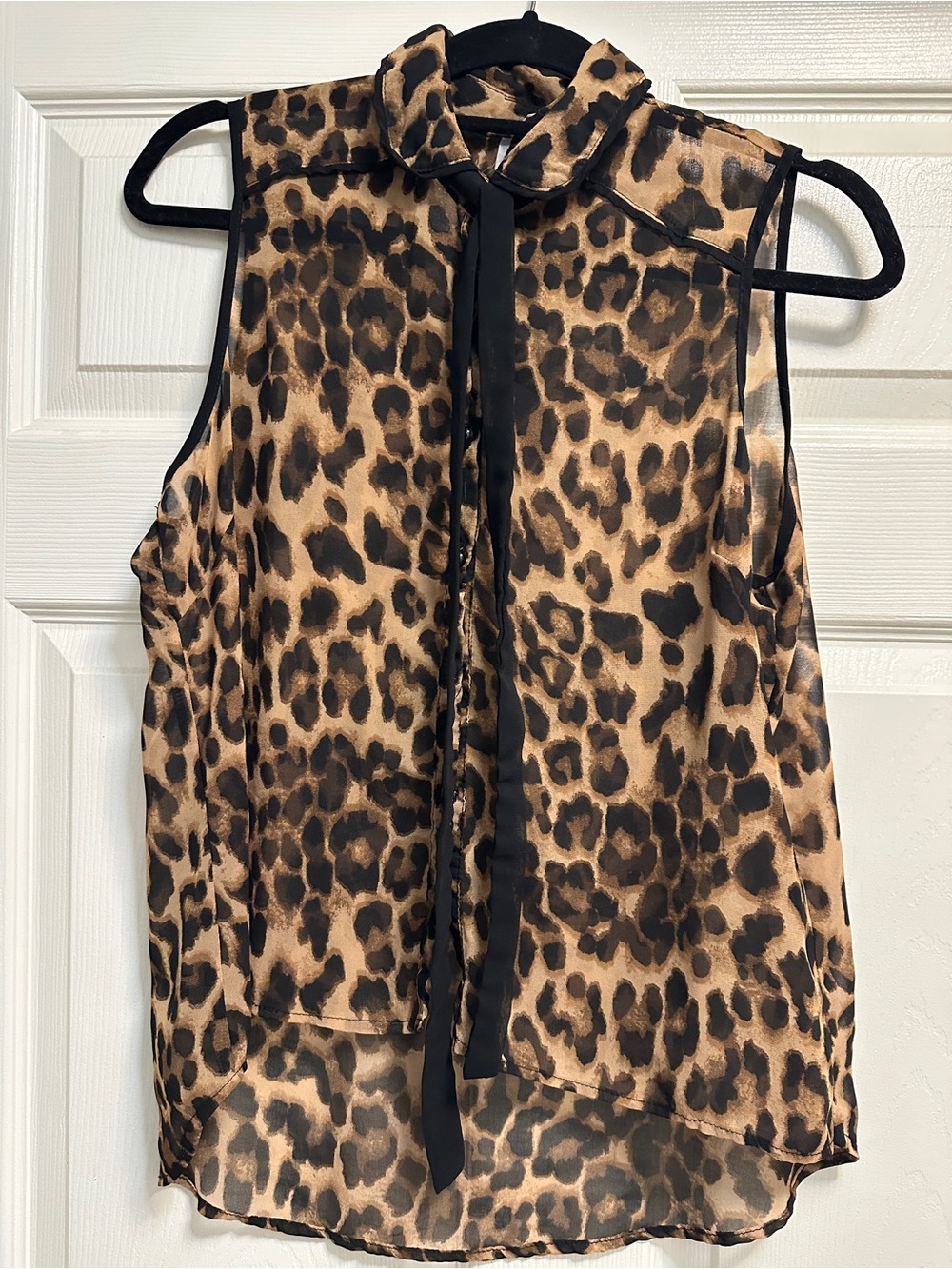 Sleeveless Leopard Print Tie-Neck Blouse - Brown/Black size L